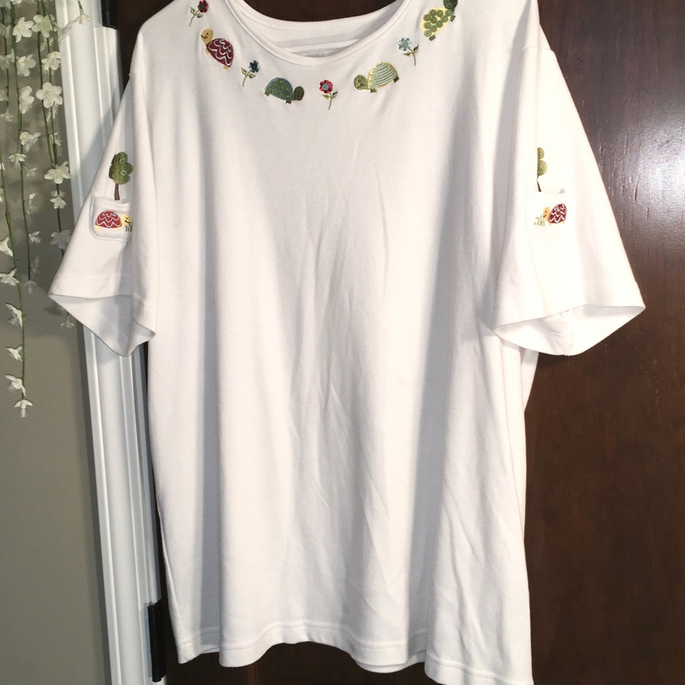 CJ Banks White Short Sleeve Tee with Green & Pink Embroidered Details